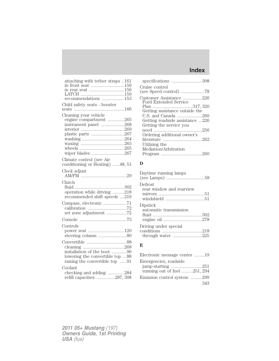 Index | FORD 2011 Mustang v.1 User Manual | Page 343 / 348