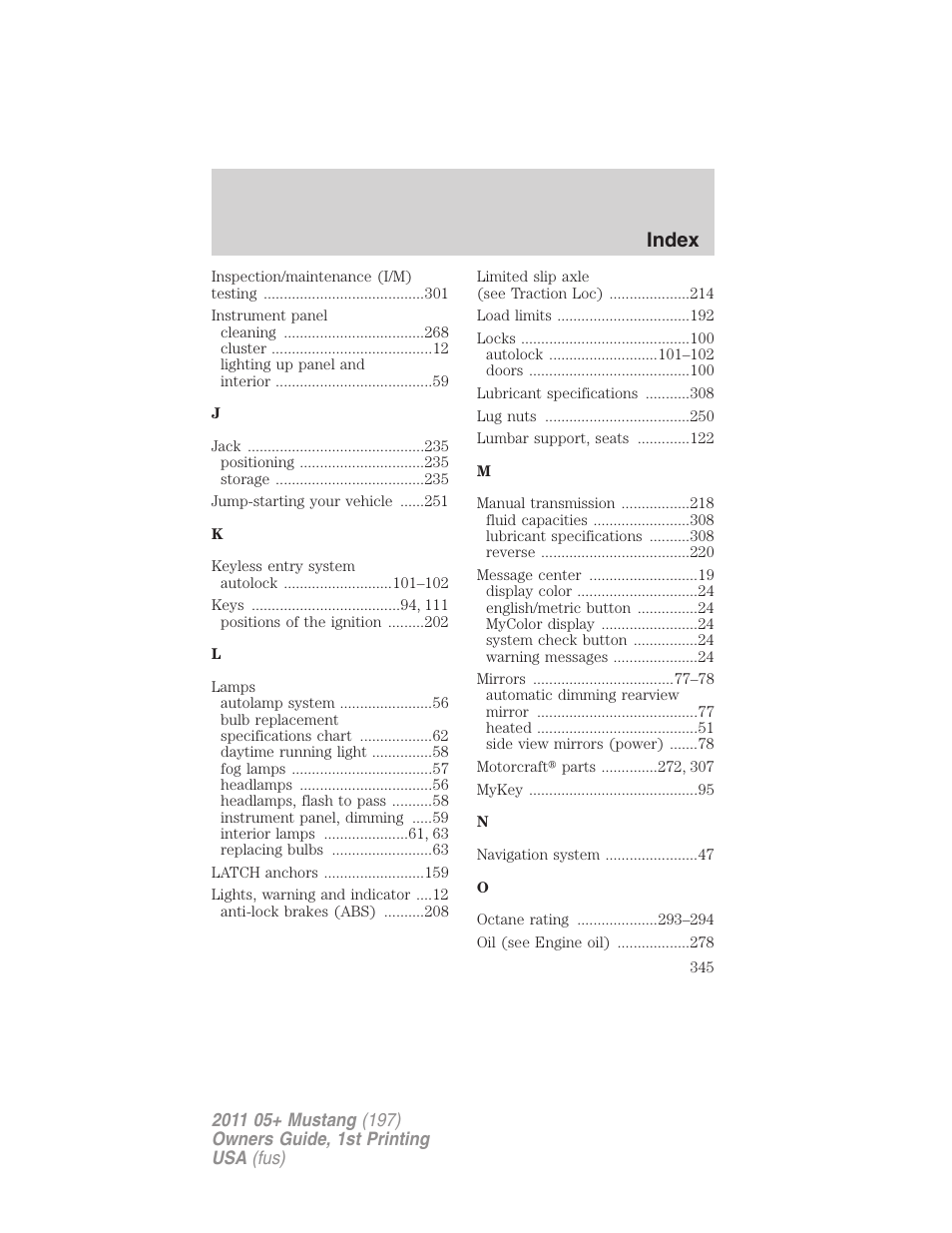 Index | FORD 2011 Mustang v.1 User Manual | Page 345 / 348