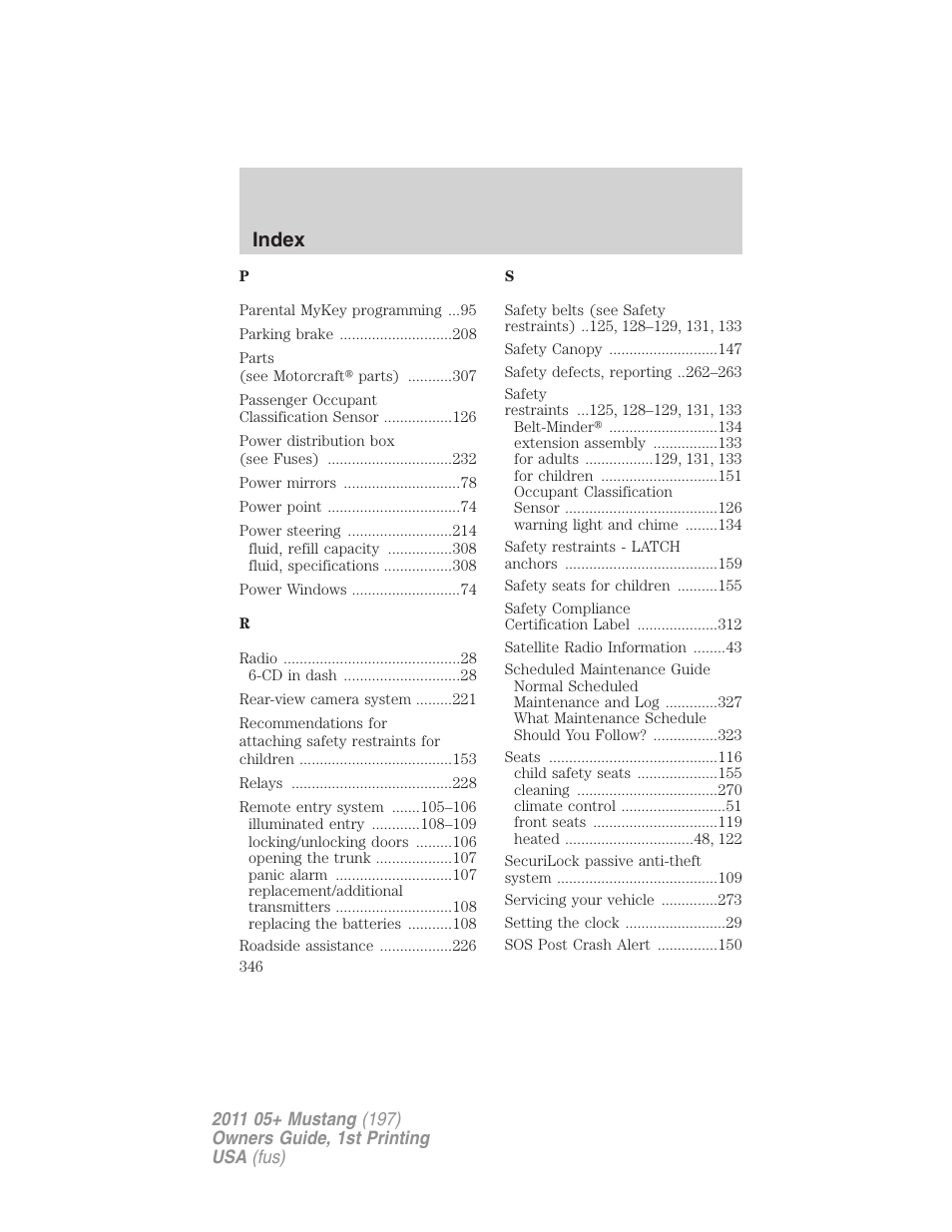 Index | FORD 2011 Mustang v.1 User Manual | Page 346 / 348