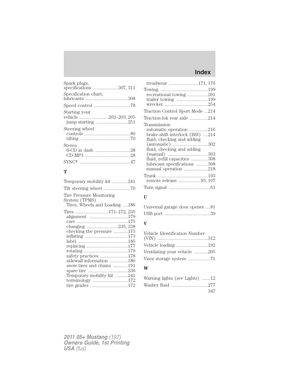 Index | FORD 2011 Mustang v.1 User Manual | Page 347 / 348