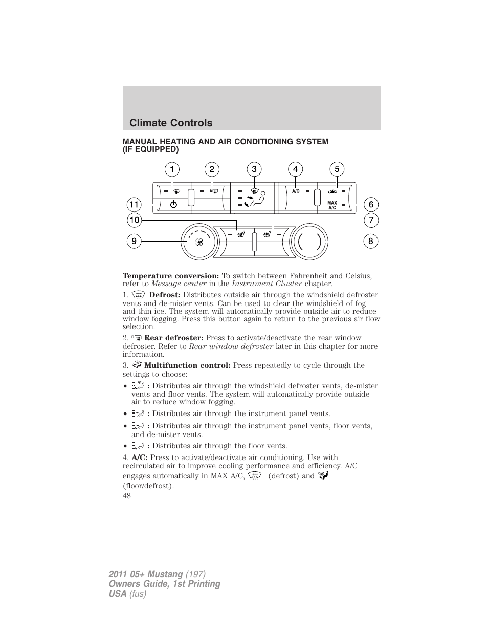 Climate controls, Manual heating and air conditioning | FORD 2011 Mustang v.1 User Manual | Page 48 / 348