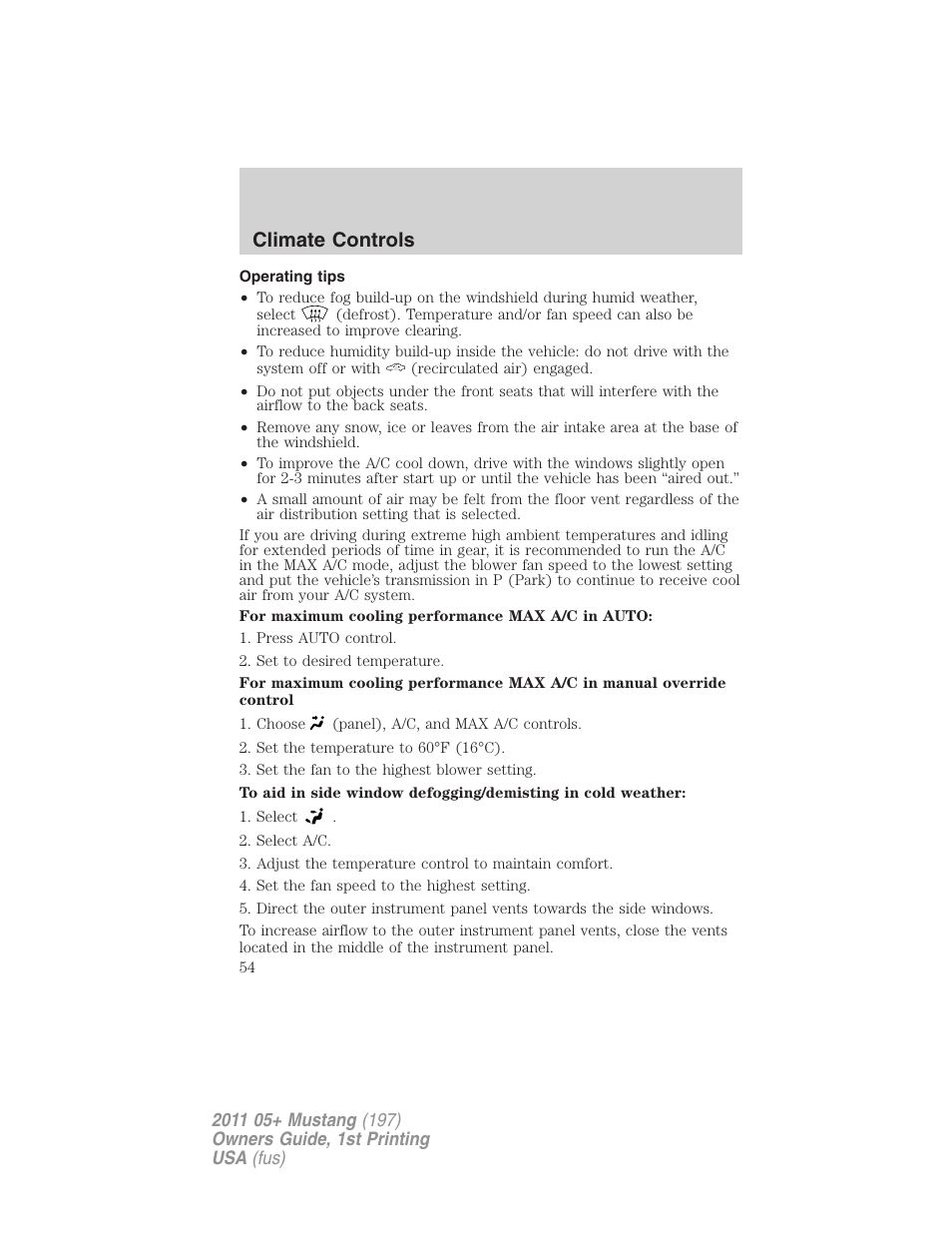 Operating tips, Climate controls | FORD 2011 Mustang v.1 User Manual | Page 54 / 348