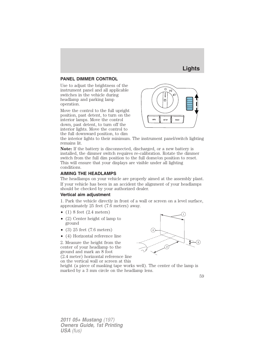 Panel dimmer control, Aiming the headlamps, Vertical aim adjustment | Lights | FORD 2011 Mustang v.1 User Manual | Page 59 / 348
