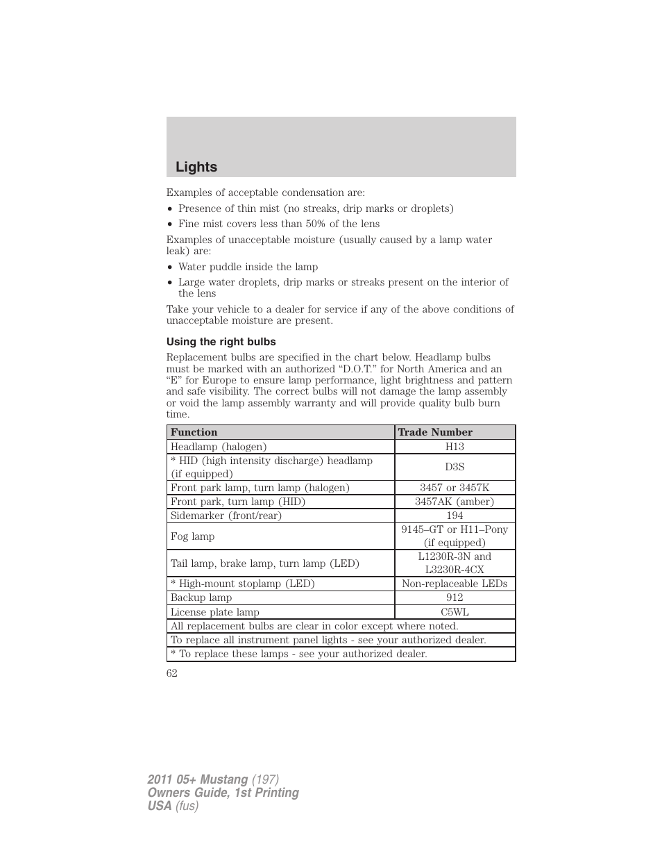 Using the right bulbs, Lights | FORD 2011 Mustang v.1 User Manual | Page 62 / 348