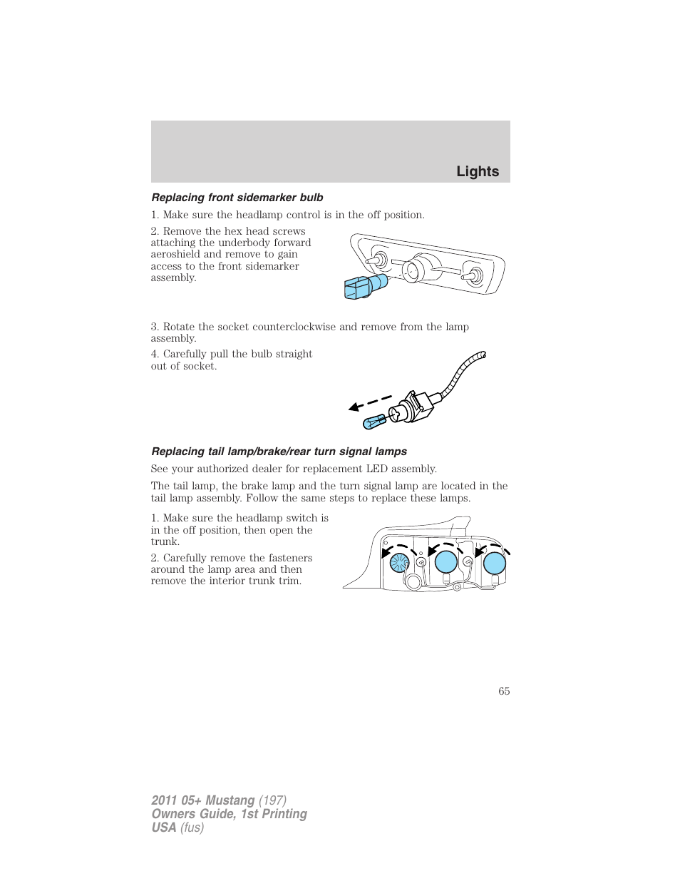 Replacing front sidemarker bulb, Replacing tail lamp/brake/rear turn signal lamps, Lights | FORD 2011 Mustang v.1 User Manual | Page 65 / 348