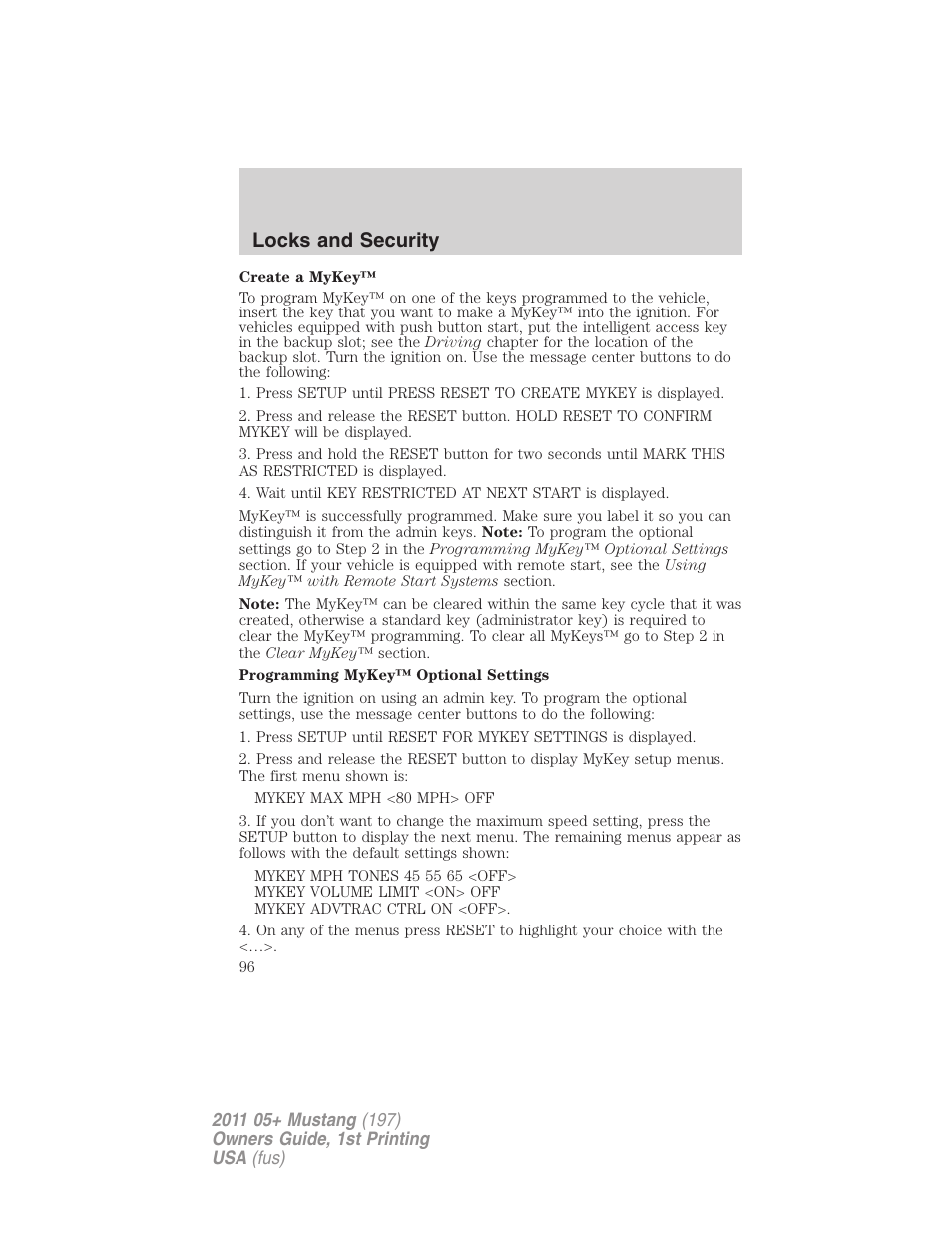 Locks and security | FORD 2011 Mustang v.1 User Manual | Page 96 / 348
