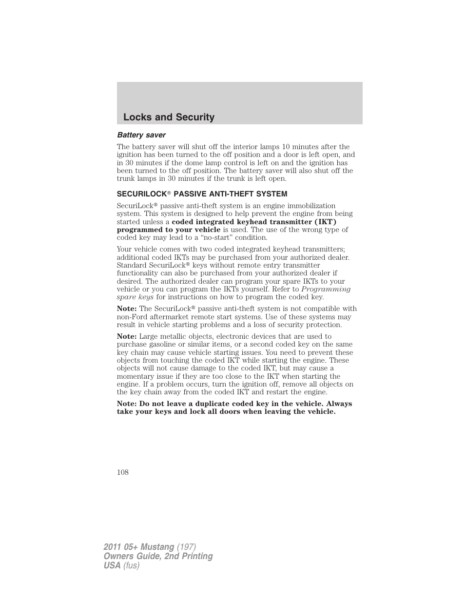 Battery saver, Securilock passive anti-theft system, Anti-theft system | Locks and security | FORD 2011 Mustang v.2 User Manual | Page 108 / 346