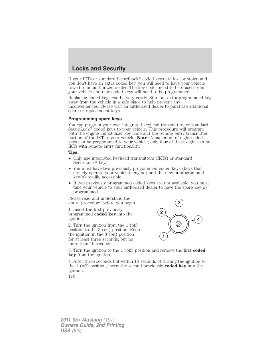 Programming spare keys, Locks and security | FORD 2011 Mustang v.2 User Manual | Page 110 / 346