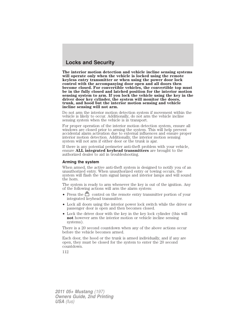 Arming the system, Locks and security | FORD 2011 Mustang v.2 User Manual | Page 112 / 346