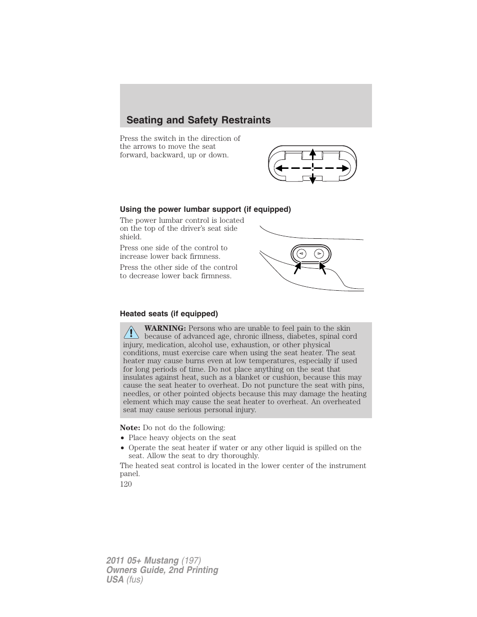 Using the power lumbar support (if equipped), Heated seats (if equipped), Seating and safety restraints | FORD 2011 Mustang v.2 User Manual | Page 120 / 346