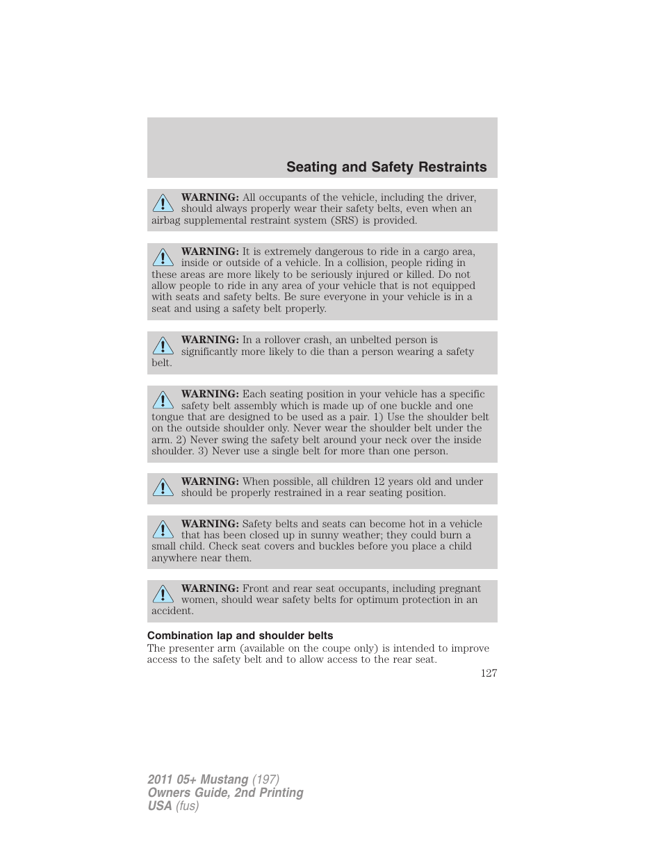 Combination lap and shoulder belts, Seating and safety restraints | FORD 2011 Mustang v.2 User Manual | Page 127 / 346