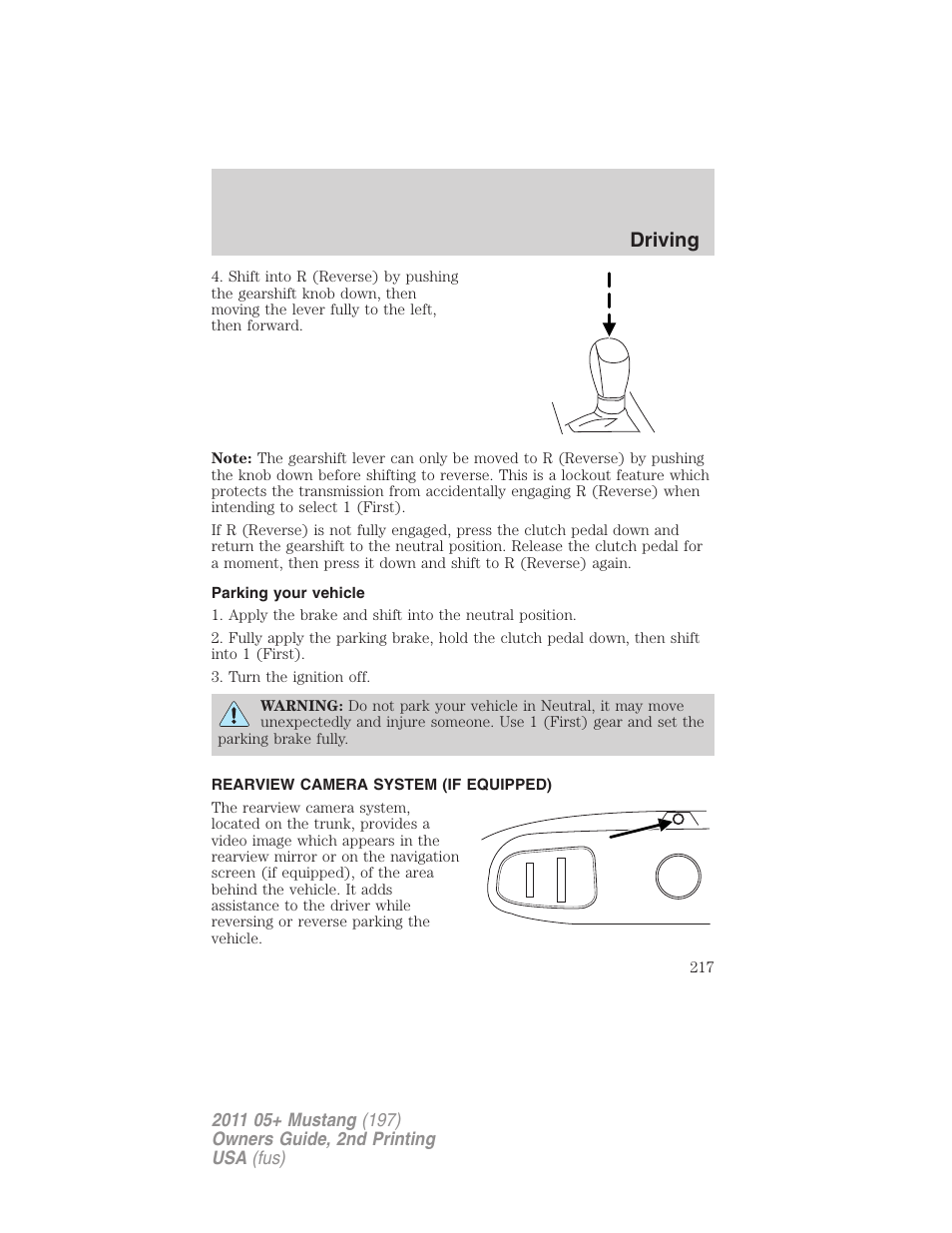 Parking your vehicle, Rearview camera system (if equipped), Rear-view camera system | Driving | FORD 2011 Mustang v.2 User Manual | Page 217 / 346