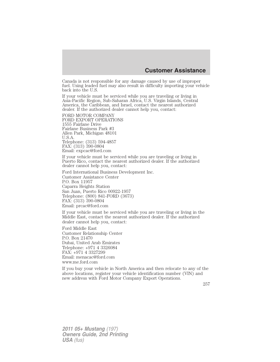Customer assistance | FORD 2011 Mustang v.2 User Manual | Page 257 / 346