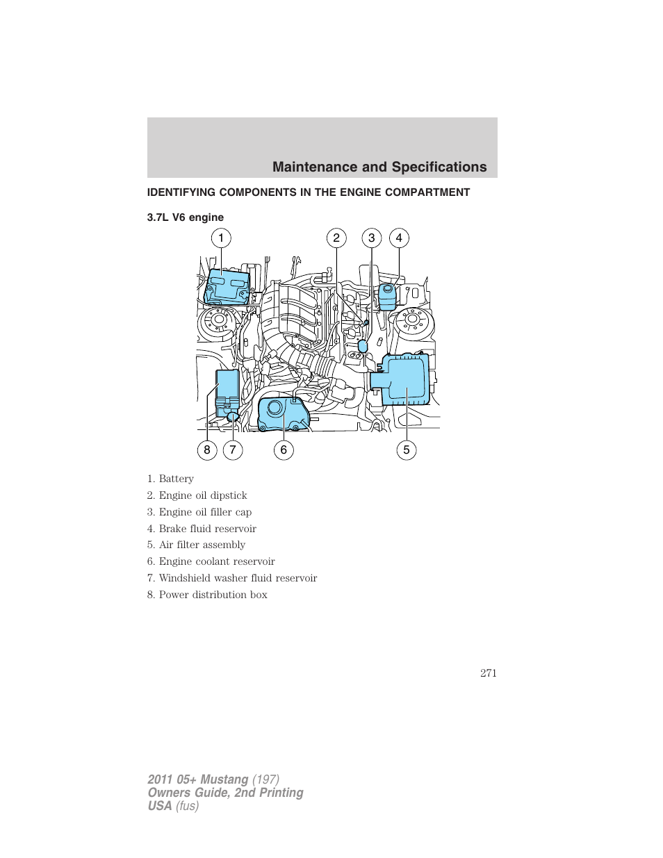 Identifying components in the engine compartment, 7l v6 engine, Engine compartment | Maintenance and specifications | FORD 2011 Mustang v.2 User Manual | Page 271 / 346