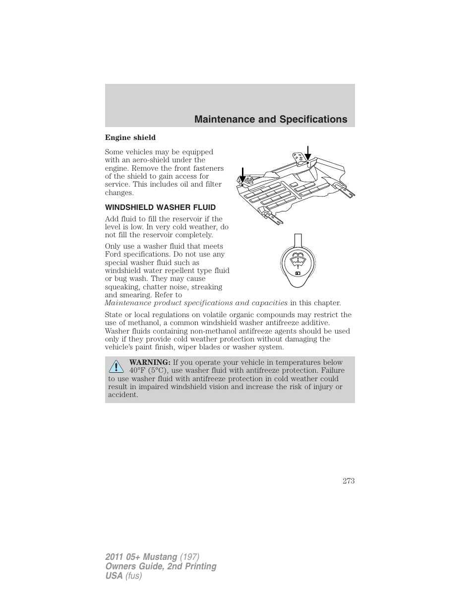 Windshield washer fluid, Maintenance and specifications | FORD 2011 Mustang v.2 User Manual | Page 273 / 346