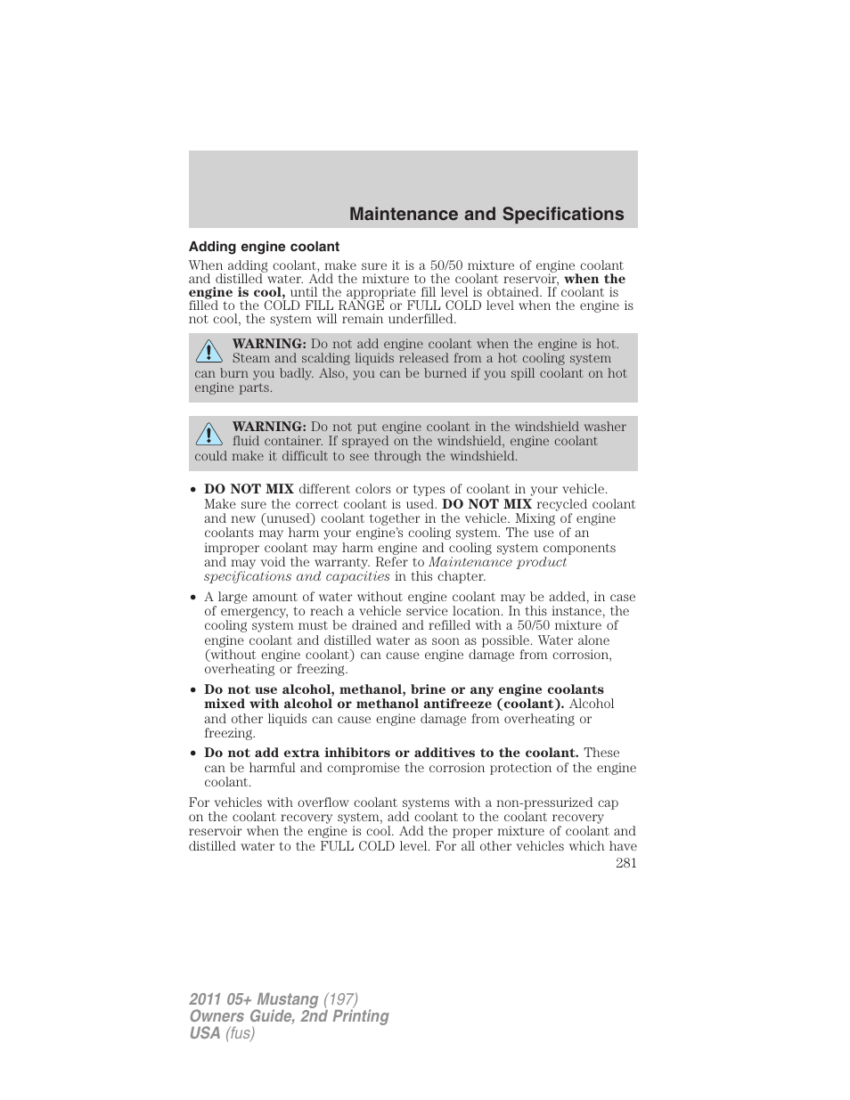 Adding engine coolant, Maintenance and specifications | FORD 2011 Mustang v.2 User Manual | Page 281 / 346