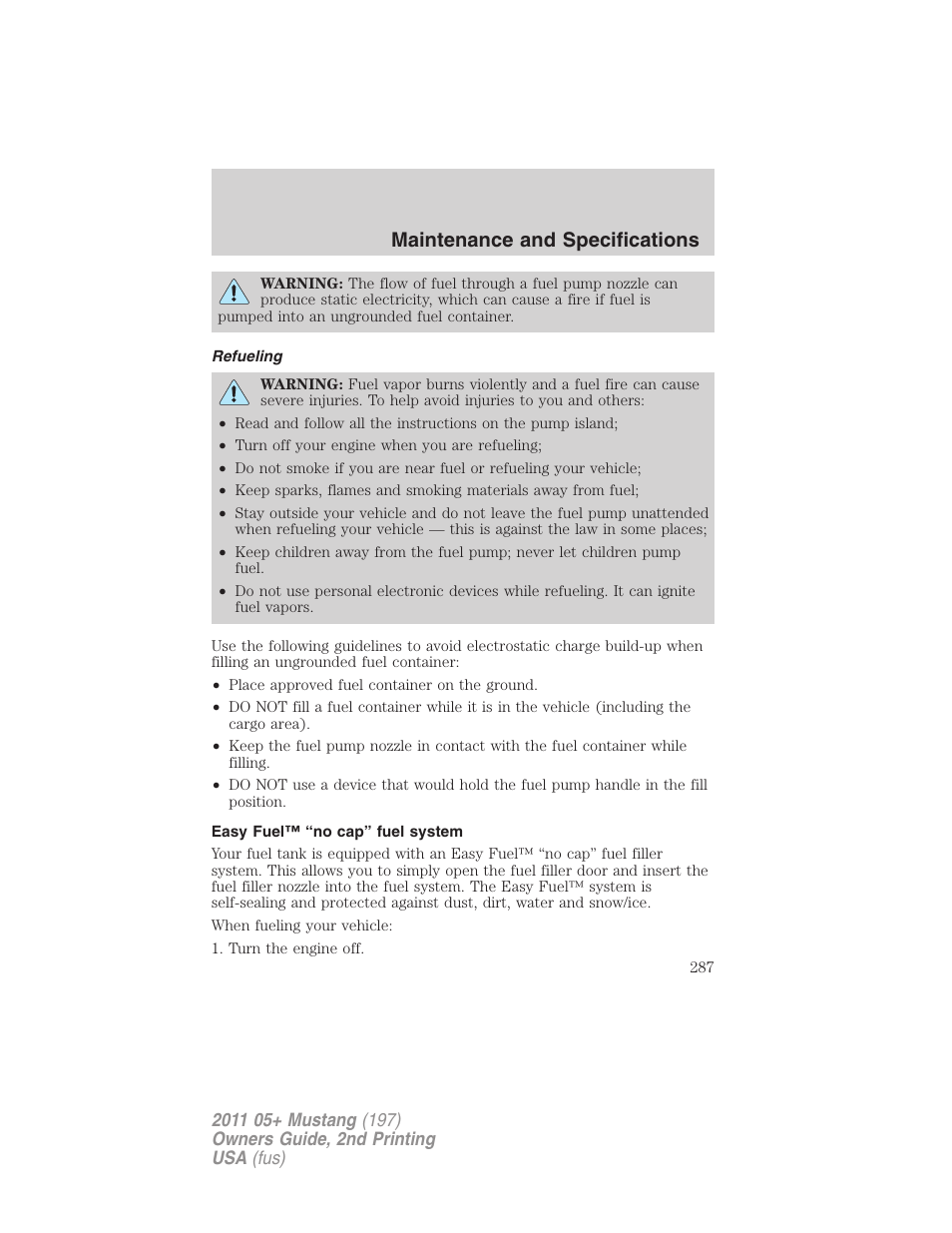 Refueling, Easy fuel™ “no cap” fuel system, Maintenance and specifications | FORD 2011 Mustang v.2 User Manual | Page 287 / 346