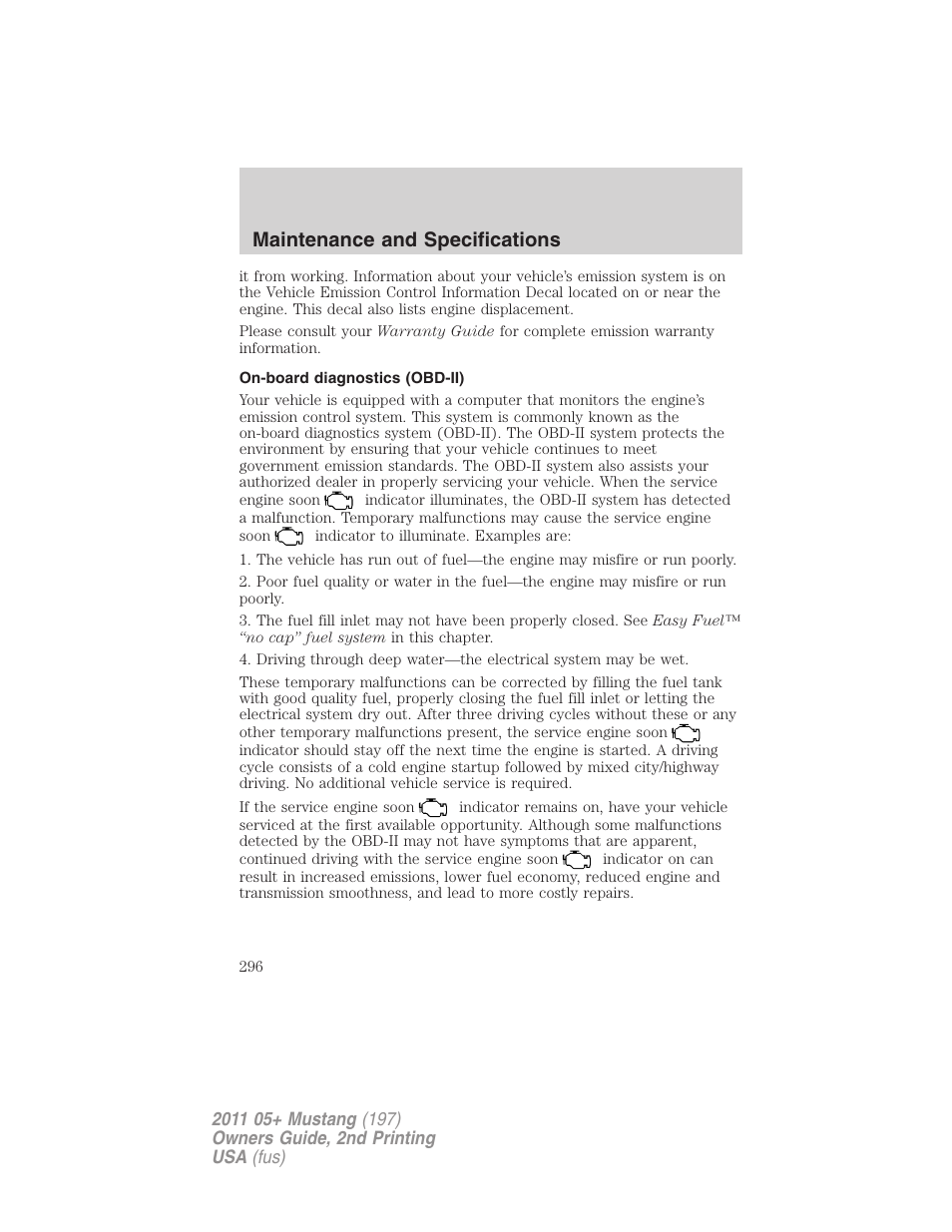 On-board diagnostics (obd-ii), Maintenance and specifications | FORD 2011 Mustang v.2 User Manual | Page 296 / 346