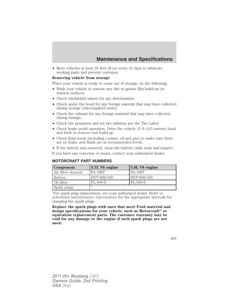 Motorcraft part numbers, Part numbers, Maintenance and specifications | FORD 2011 Mustang v.2 User Manual | Page 303 / 346