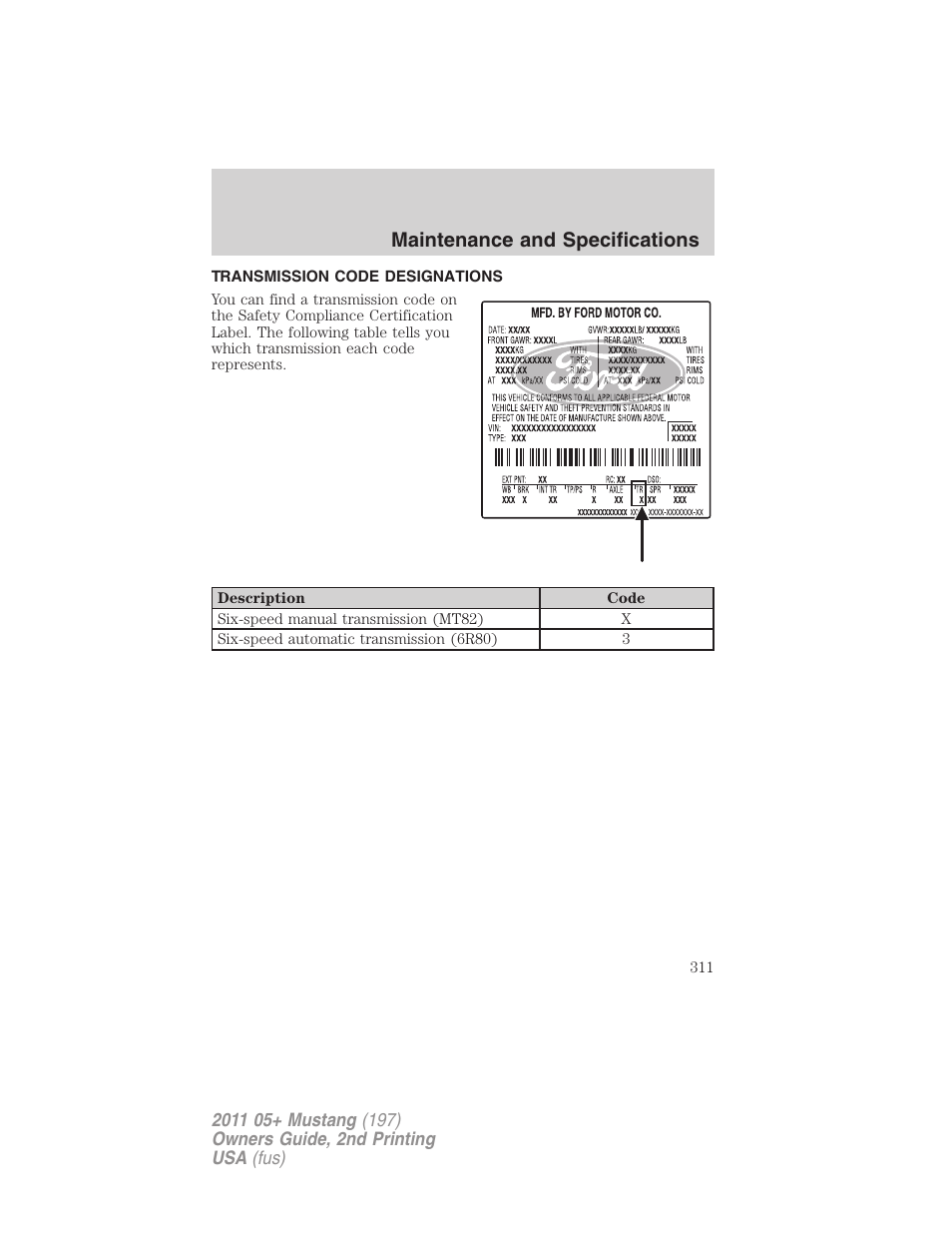 Transmission code designations, Maintenance and specifications | FORD 2011 Mustang v.2 User Manual | Page 311 / 346