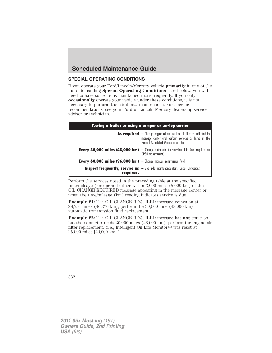 Special operating conditions, Scheduled maintenance guide | FORD 2011 Mustang v.2 User Manual | Page 332 / 346