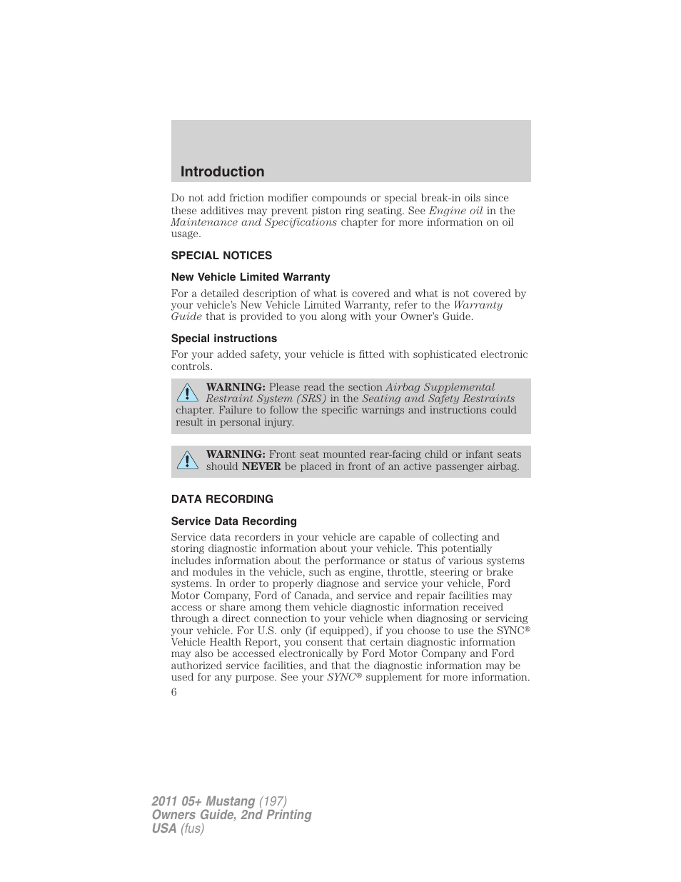 Special notices, New vehicle limited warranty, Special instructions | Data recording, Service data recording, Introduction | FORD 2011 Mustang v.2 User Manual | Page 6 / 346