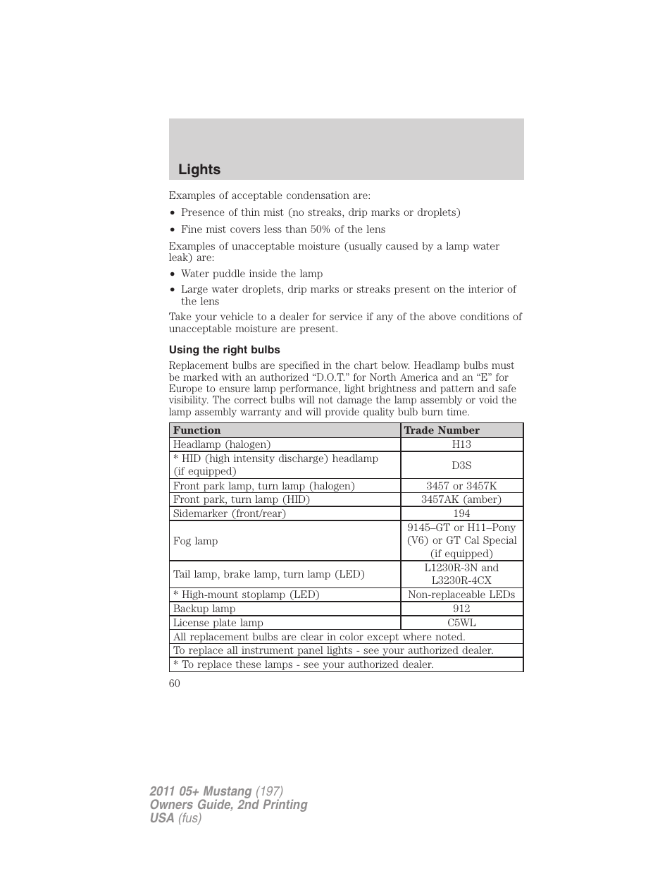 Using the right bulbs, Lights | FORD 2011 Mustang v.2 User Manual | Page 60 / 346