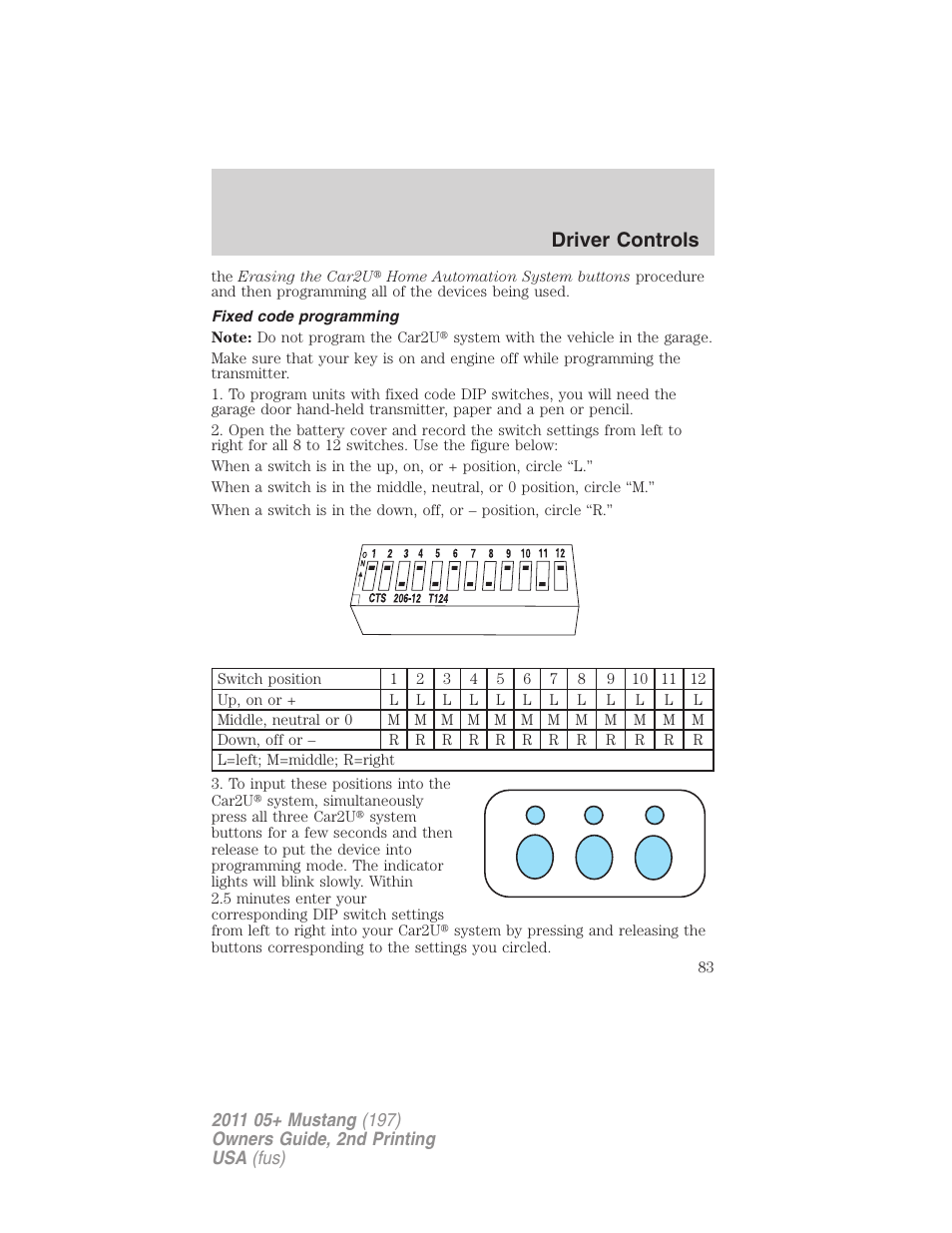 Fixed code programming, Driver controls | FORD 2011 Mustang v.2 User Manual | Page 83 / 346