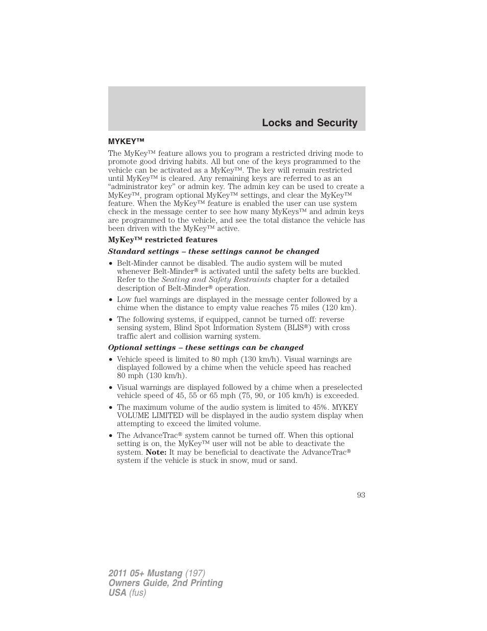 Mykey, Locks and security | FORD 2011 Mustang v.2 User Manual | Page 93 / 346