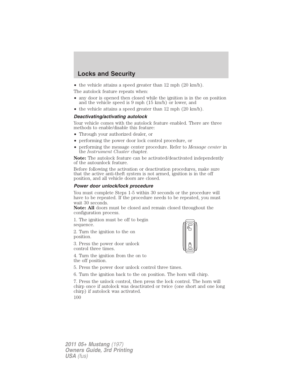 Deactivating/activating autolock, Power door unlock/lock procedure, Locks and security | FORD 2011 Mustang v.3 User Manual | Page 100 / 346