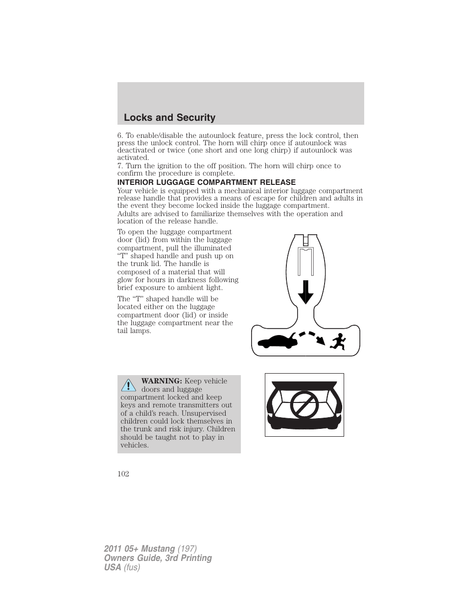 Interior luggage compartment release, Locks and security | FORD 2011 Mustang v.3 User Manual | Page 102 / 346