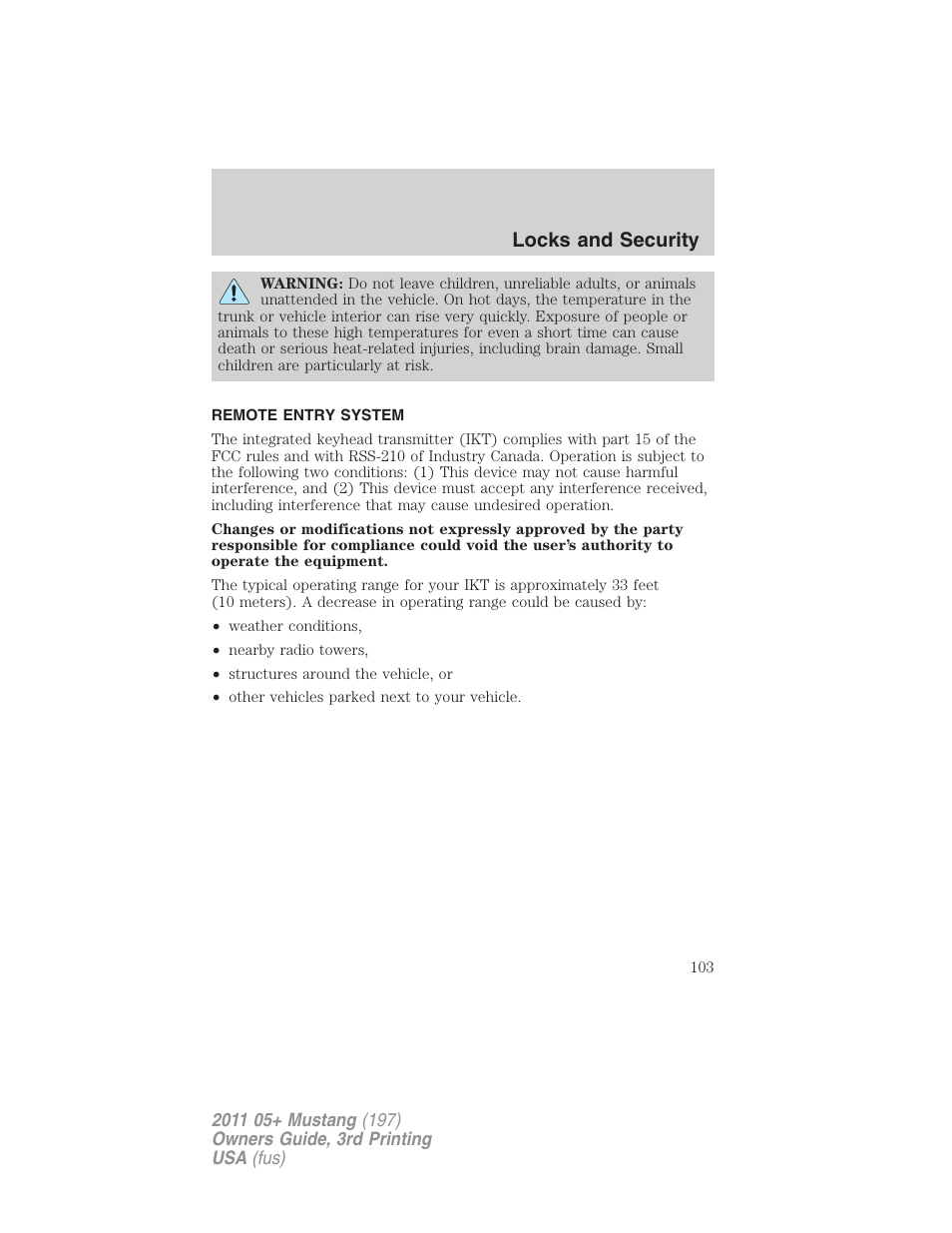 Remote entry system, Locks and security | FORD 2011 Mustang v.3 User Manual | Page 103 / 346