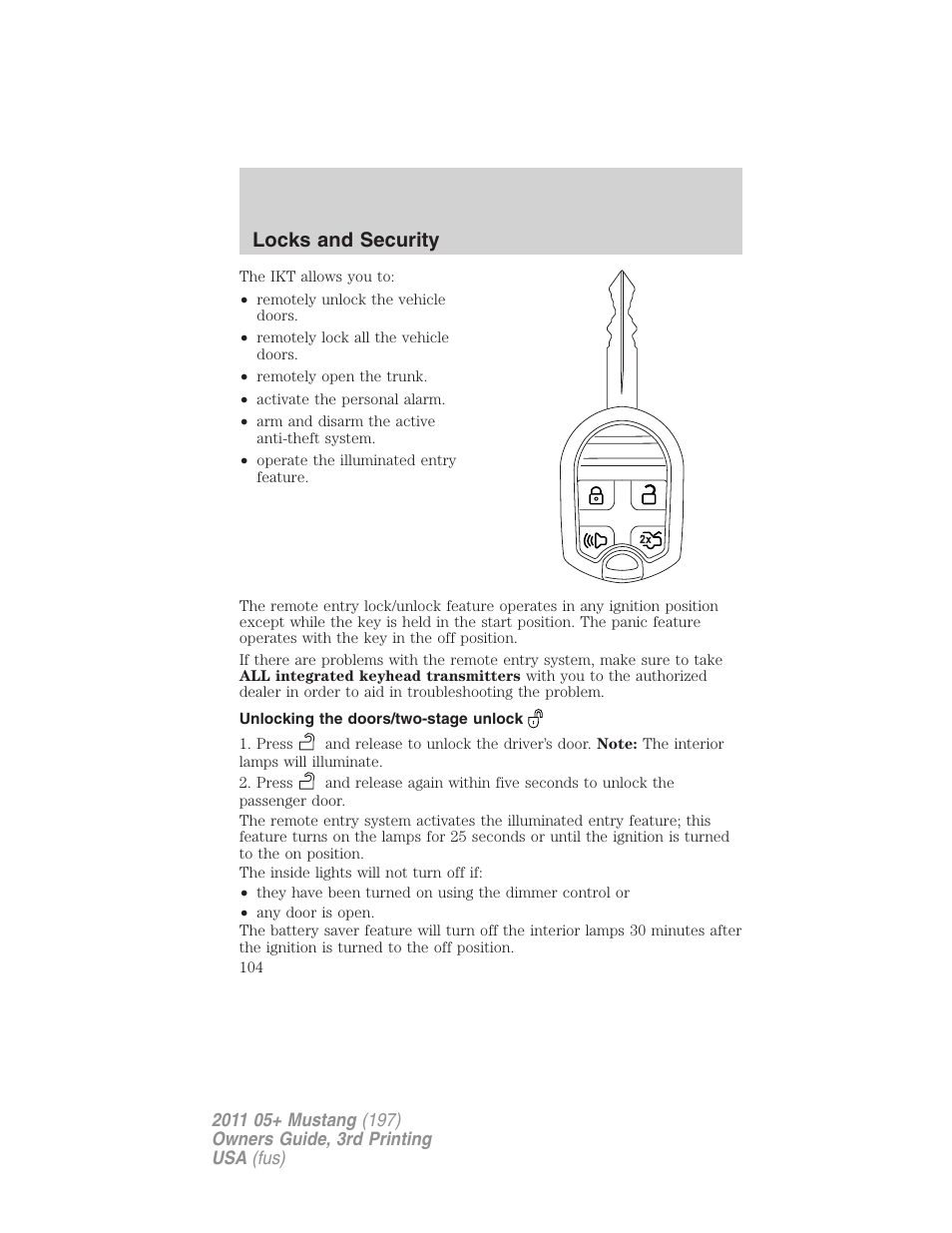 Unlocking the doors/two-stage unlock, Locks and security | FORD 2011 Mustang v.3 User Manual | Page 104 / 346