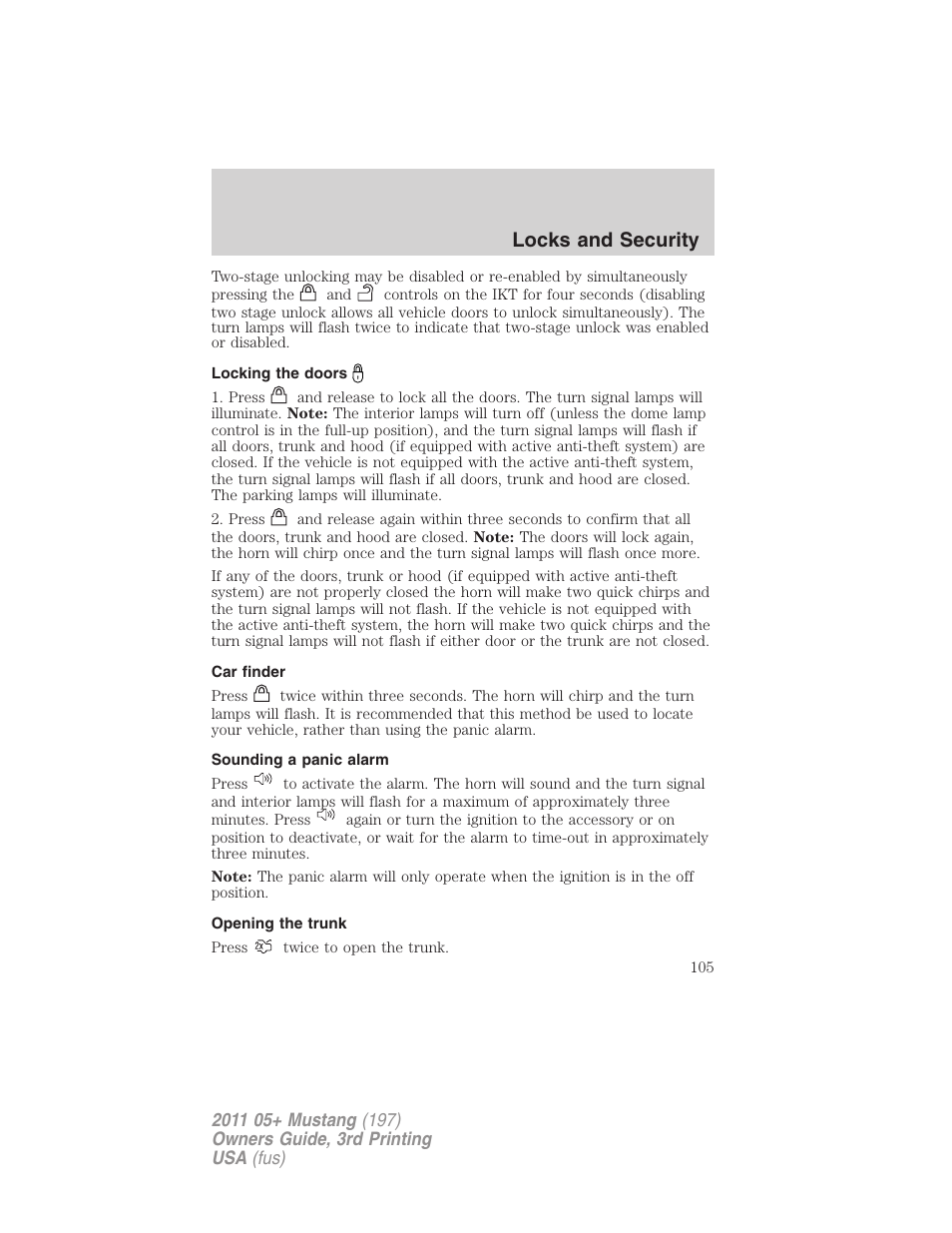 Locking the doors, Car finder, Sounding a panic alarm | Opening the trunk, Locks and security | FORD 2011 Mustang v.3 User Manual | Page 105 / 346