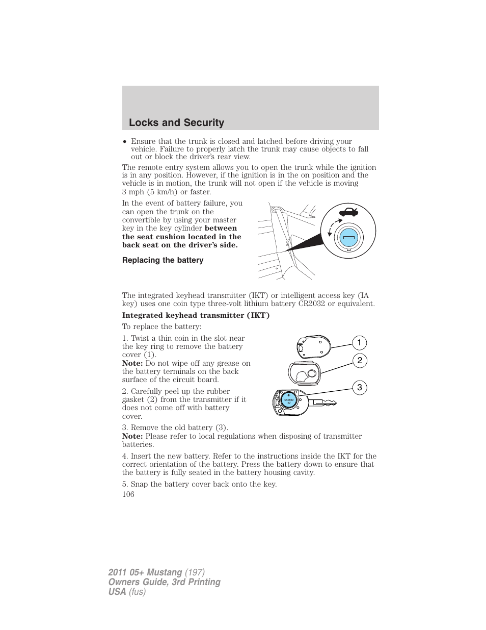 Replacing the battery, Locks and security | FORD 2011 Mustang v.3 User Manual | Page 106 / 346