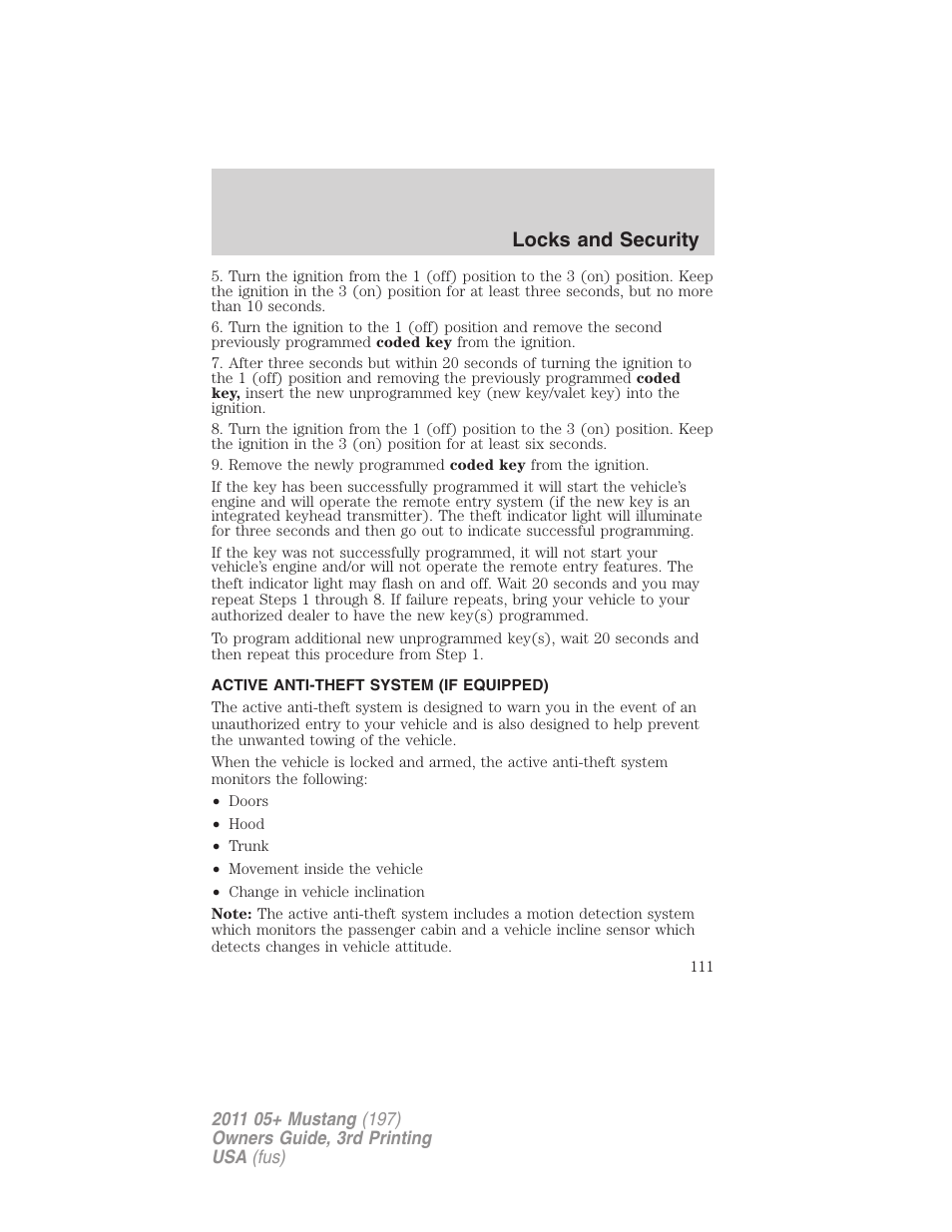Active anti-theft system (if equipped), Locks and security | FORD 2011 Mustang v.3 User Manual | Page 111 / 346