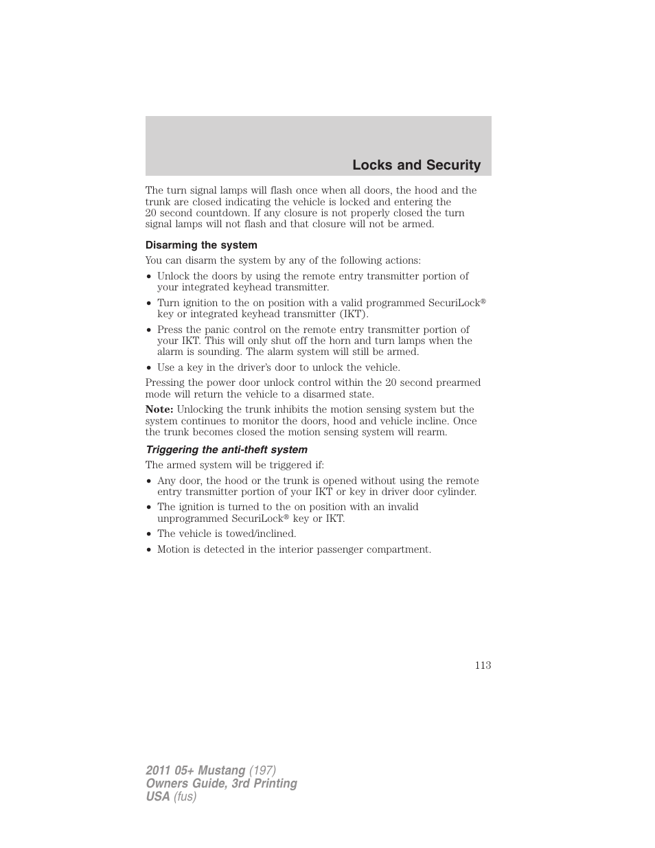 Disarming the system, Triggering the anti-theft system, Locks and security | FORD 2011 Mustang v.3 User Manual | Page 113 / 346