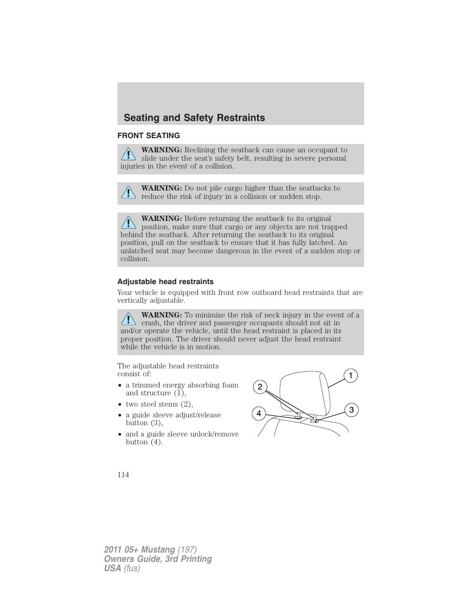 Seating and safety restraints, Front seating, Adjustable head restraints | Seating | FORD 2011 Mustang v.3 User Manual | Page 114 / 346