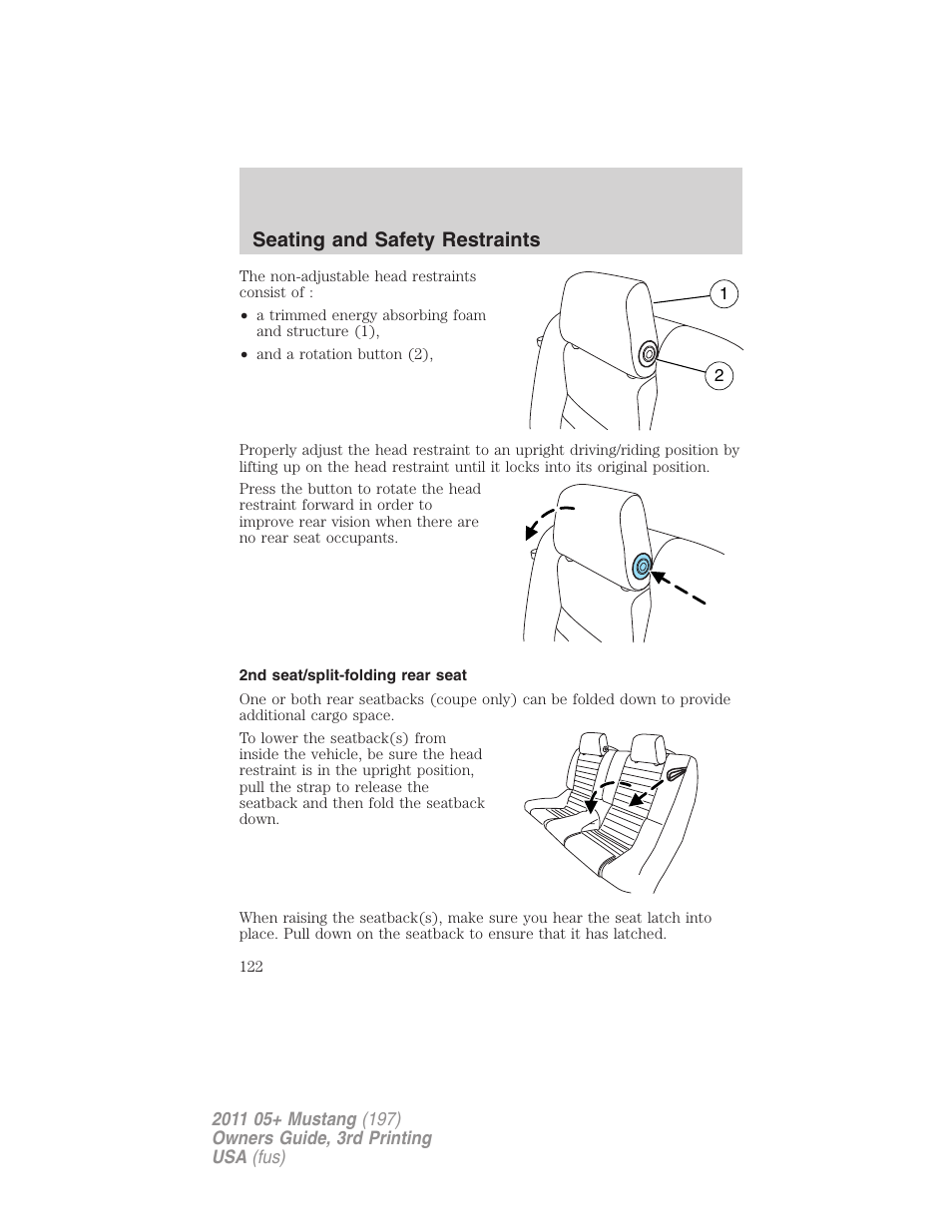 2nd seat/split-folding rear seat, Seating and safety restraints | FORD 2011 Mustang v.3 User Manual | Page 122 / 346