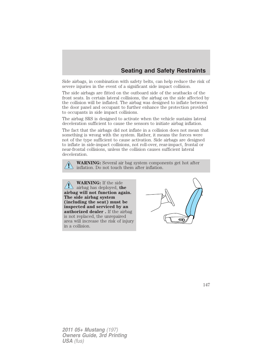 Seating and safety restraints | FORD 2011 Mustang v.3 User Manual | Page 147 / 346