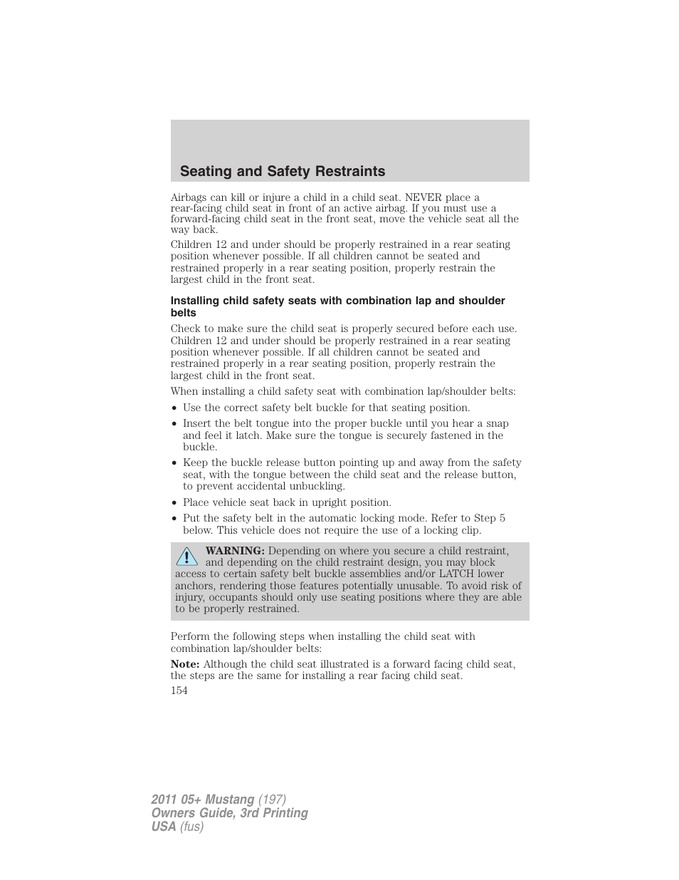 Seating and safety restraints | FORD 2011 Mustang v.3 User Manual | Page 154 / 346