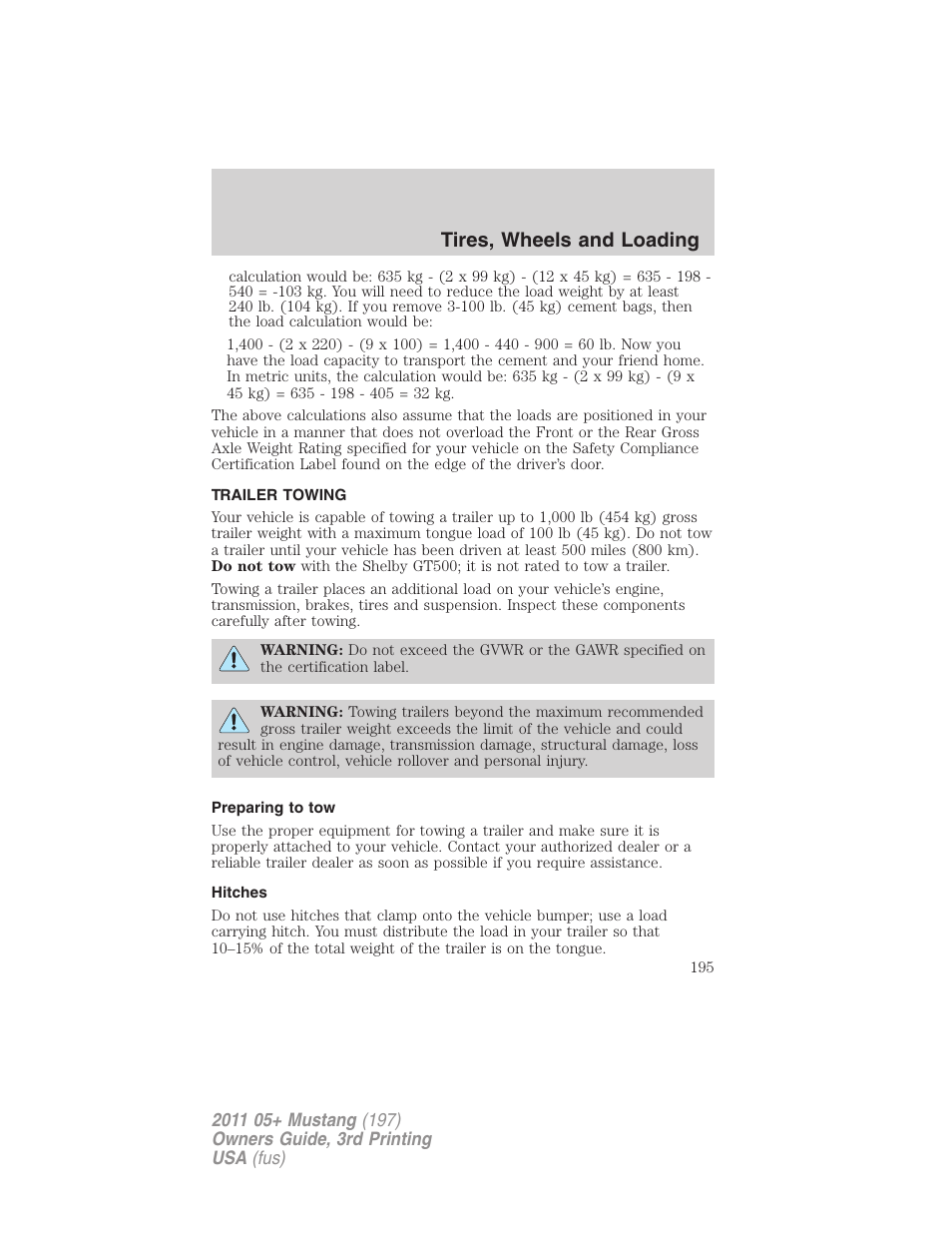 Trailer towing, Preparing to tow, Hitches | Tires, wheels and loading | FORD 2011 Mustang v.3 User Manual | Page 195 / 346