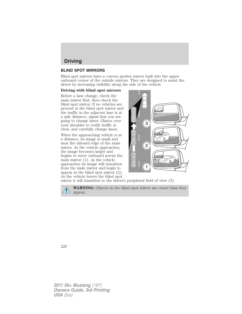 Blind spot mirrors, Driving | FORD 2011 Mustang v.3 User Manual | Page 220 / 346