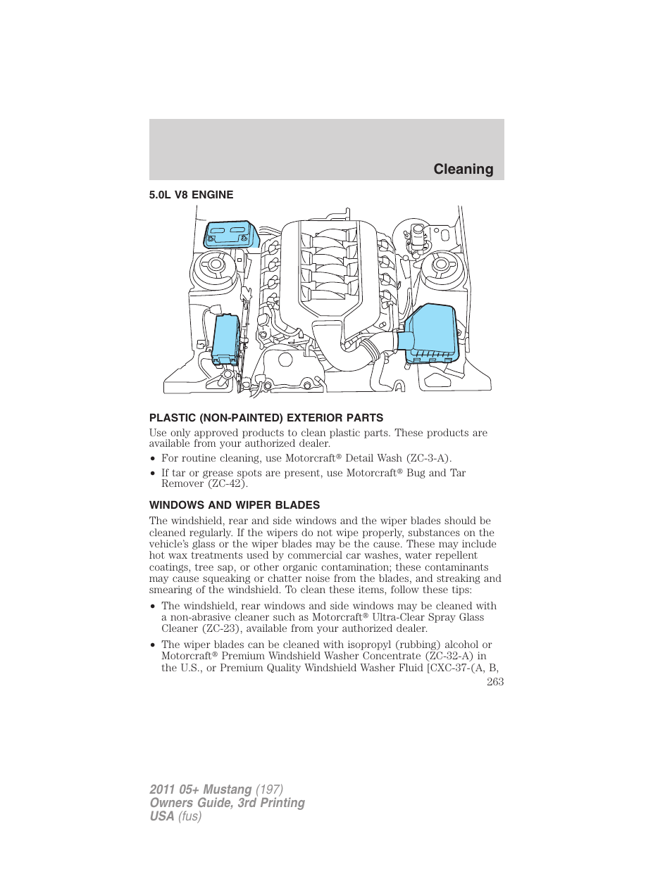 0l v8 engine, Plastic (non-painted) exterior parts, Windows and wiper blades | Cleaning | FORD 2011 Mustang v.3 User Manual | Page 263 / 346