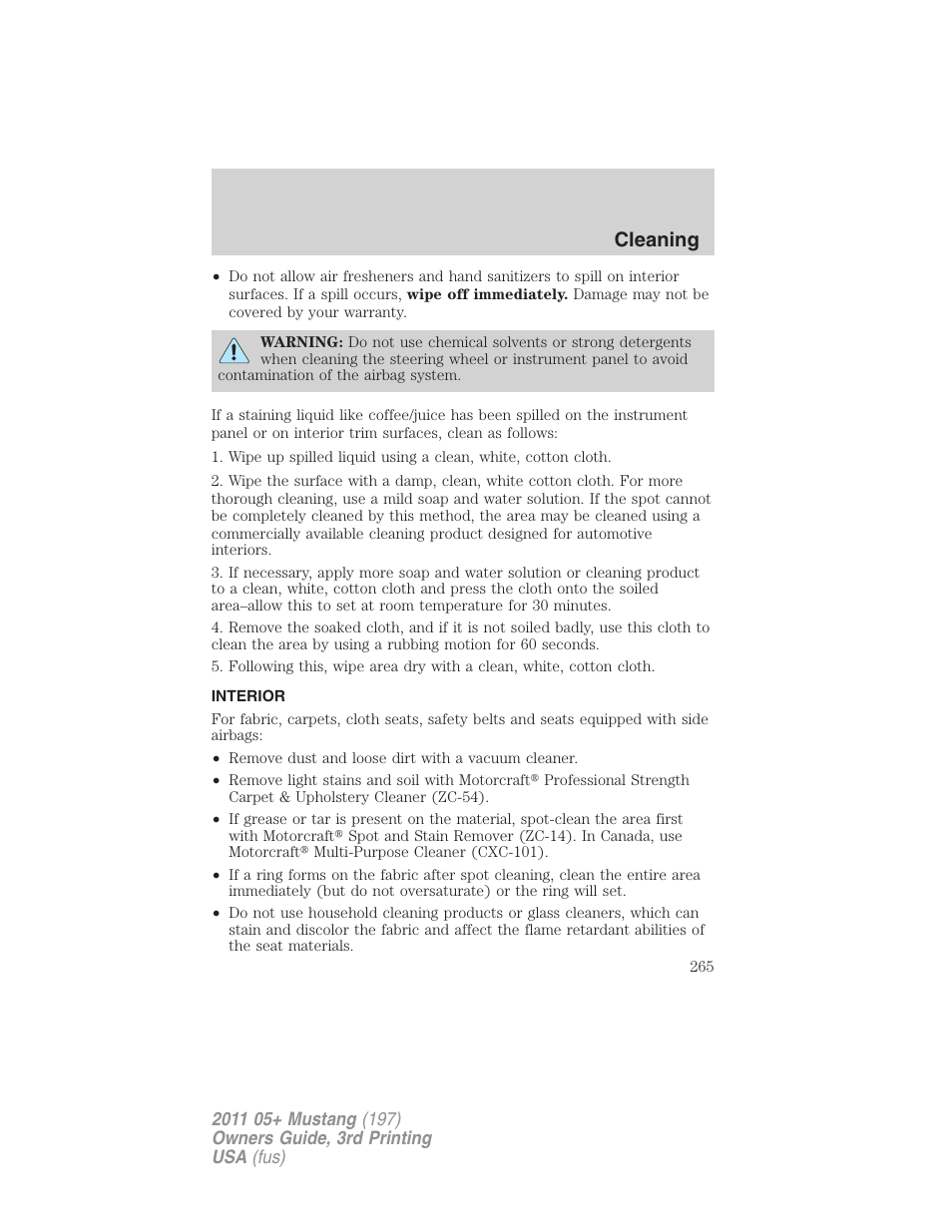 Interior, Cleaning | FORD 2011 Mustang v.3 User Manual | Page 265 / 346