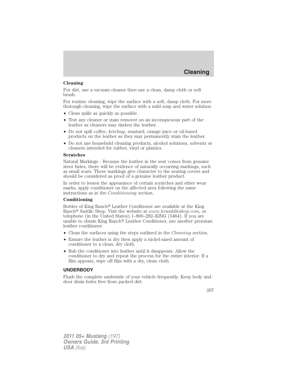 Underbody, Cleaning | FORD 2011 Mustang v.3 User Manual | Page 267 / 346