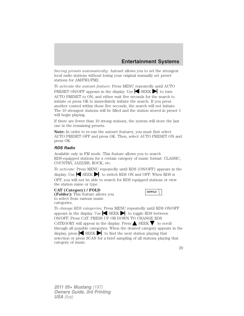 Rds radio, Entertainment systems | FORD 2011 Mustang v.3 User Manual | Page 29 / 346
