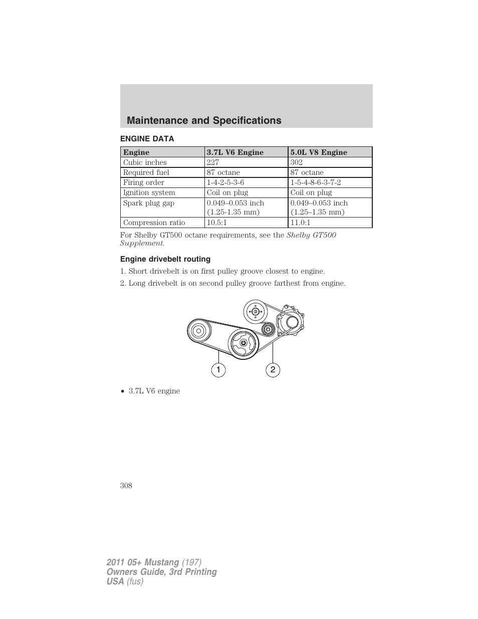 Engine data, Engine drivebelt routing, Maintenance and specifications | FORD 2011 Mustang v.3 User Manual | Page 308 / 346