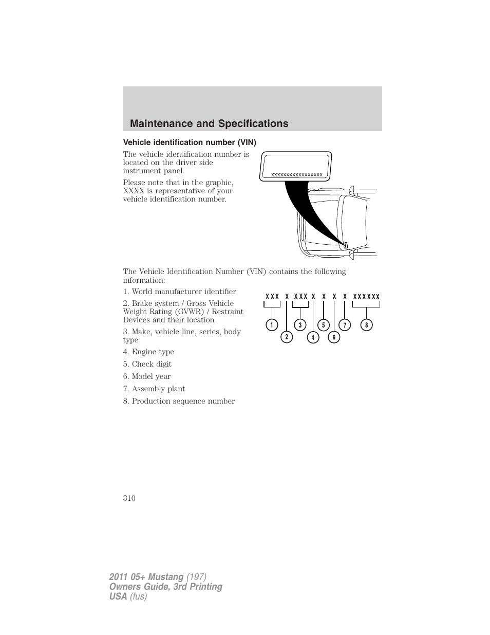 Vehicle identification number (vin), Maintenance and specifications | FORD 2011 Mustang v.3 User Manual | Page 310 / 346