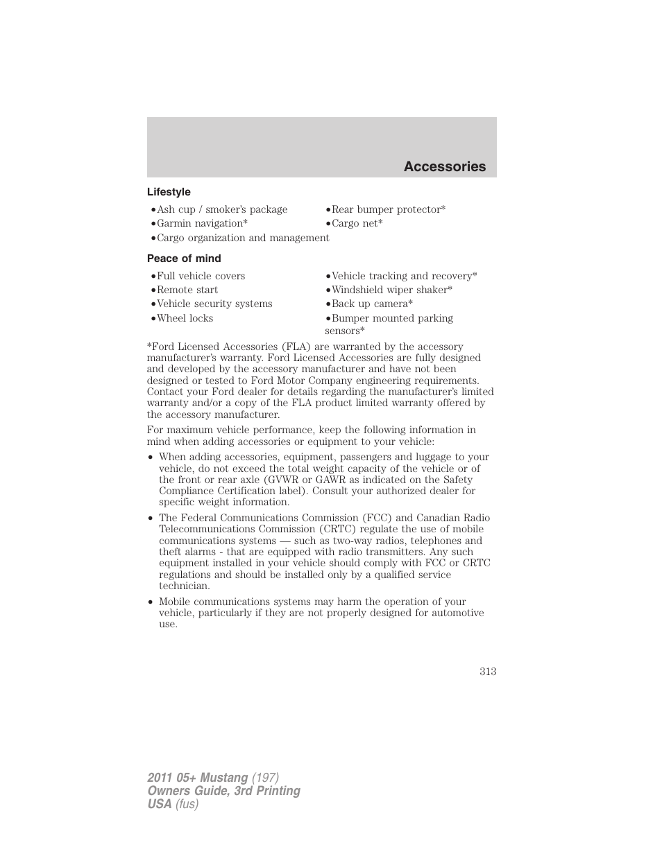 Lifestyle, Peace of mind, Accessories | FORD 2011 Mustang v.3 User Manual | Page 313 / 346